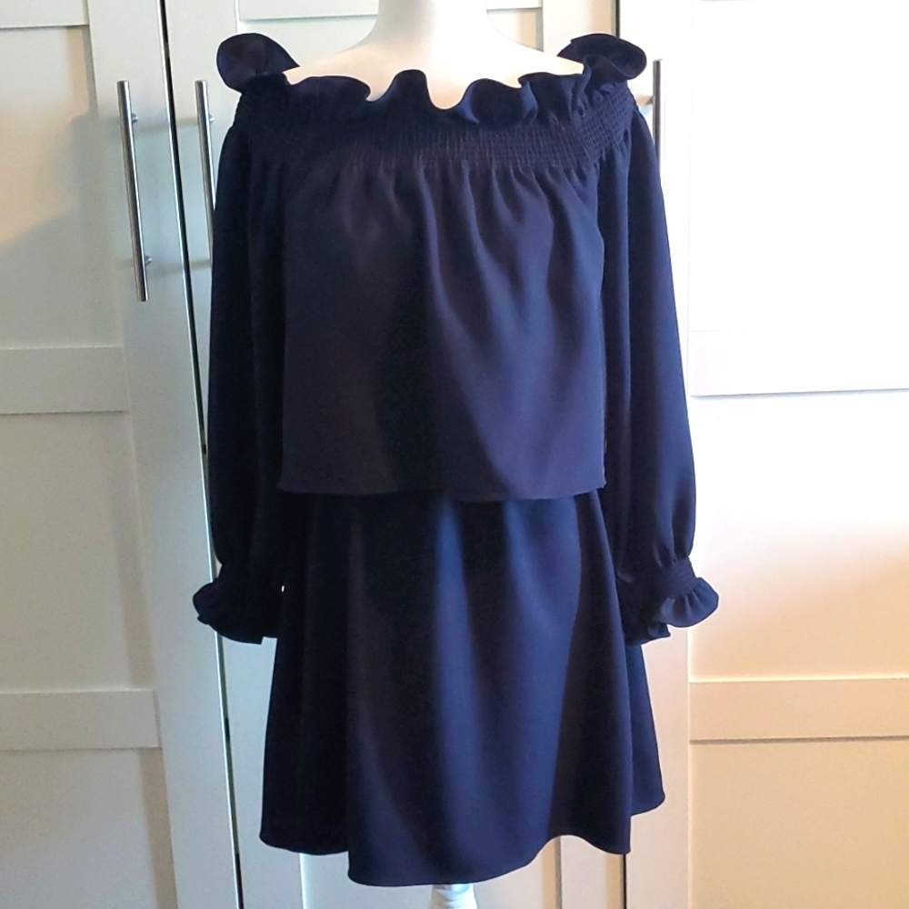 DVF navy off the shoulder dress